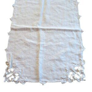 White Battenburg Lace Embroidered Linen Table Runner Intricate Design 15"x40"